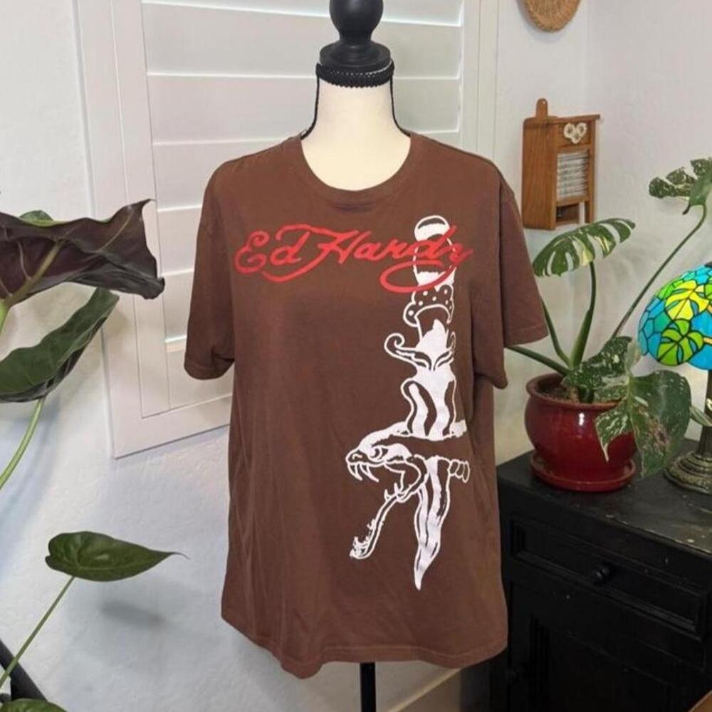 Ed Hardy Brown Tiger Dagger Graphic Tee Size M Y2K Style